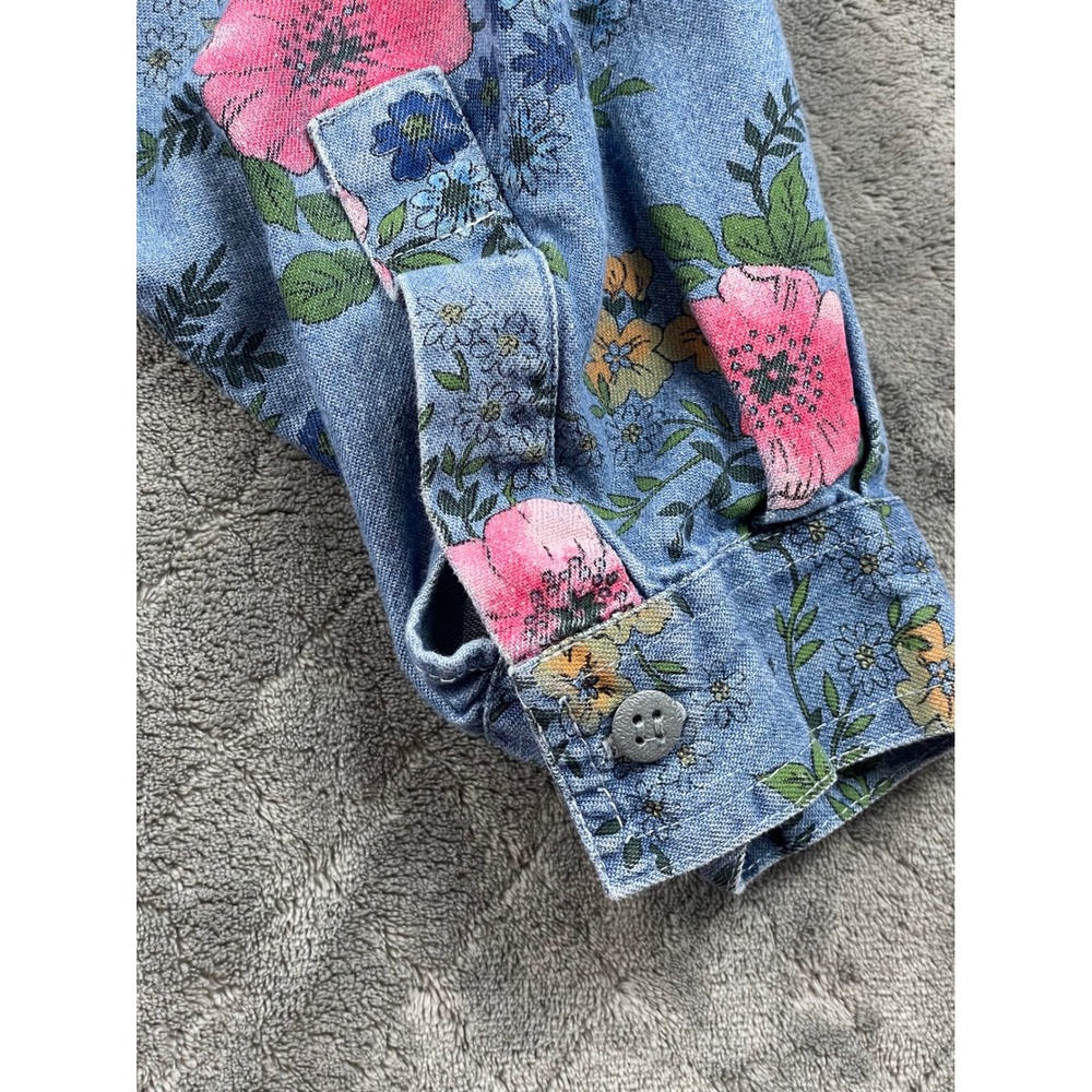 Vintage 90s CAPACITY Women M Denim Floral Shirt Blue Pink Button Up Long Sleeve - Picture 12 of 13
